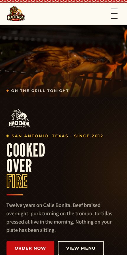 Hacienda Grill homepage on mobile