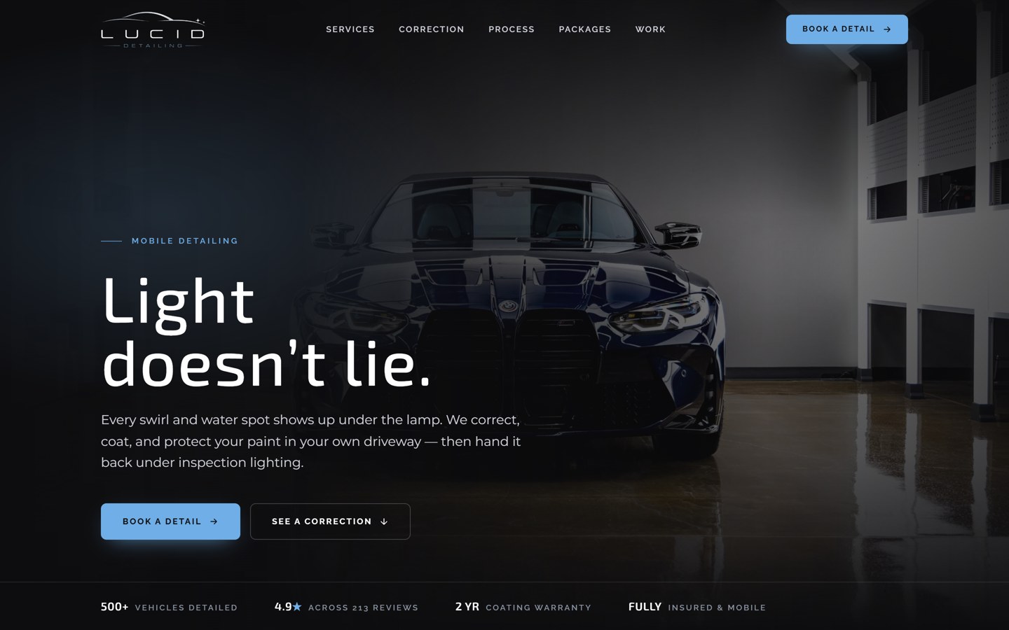 Lucid Detailing homepage on desktop