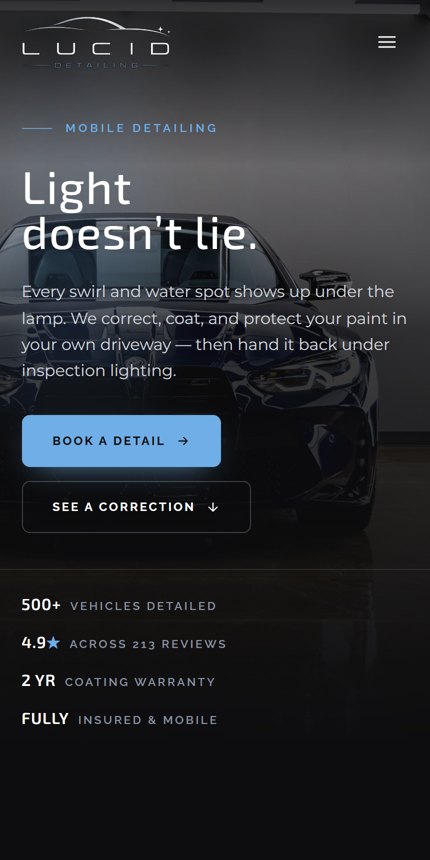 Lucid Detailing homepage on mobile