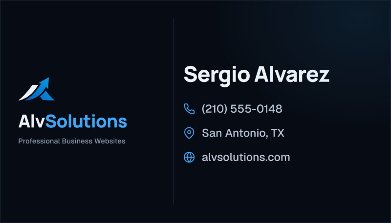 The basic card: logo on the left, then name, phone number, city and website on a dark navy background.