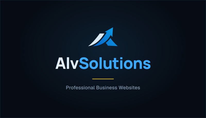 The premium card, front: the full AlvSolutions logo lockup centred on a dark navy background with a gold underline.