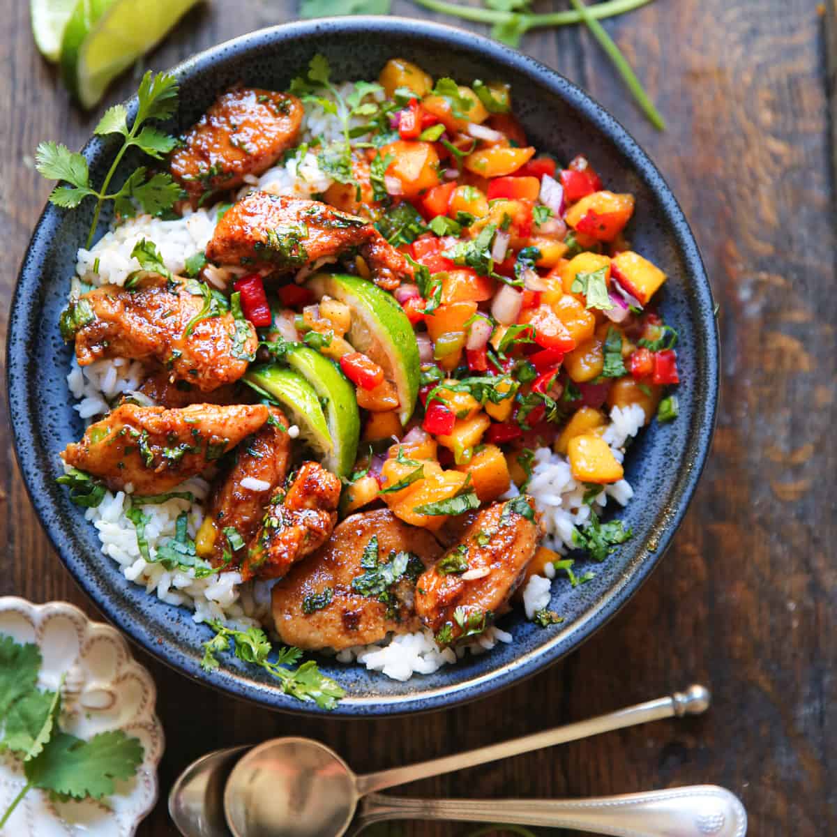 Fuego bowl with cilantro lime rice, grilled chicken and fresh salsa