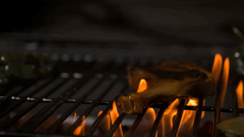 Steak and chicken searing over open flame on the grill